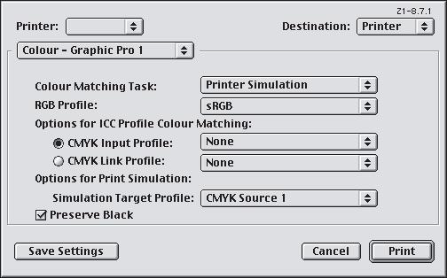 MAC OS 9 / CLASSIC Se si utilizza un documento Sorgente RGB, simulare il colore prodotto da un'altra stampante effettuando le seguenti selezioni nel driver di stampa: 1. Scegliere [Archivio] [Stampa].
