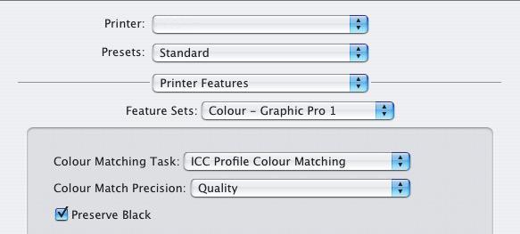 6. Dal menu [Tipo di configurazione] (5), selezionare [Colore Grafica professionale 1]. 5 6 7. Dal menu [Attività corrispondenza colori] (6), selezionare [Corrispondenza colore profilo ICC].
