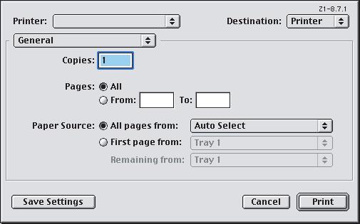 MAC OS9.X 1. Scegliere [Archivio] [Stampa]. 1 2 3 2. Dal menu della stampante (1), selezionare il modello della stampante. 3. Selezionare [Generale] (2).