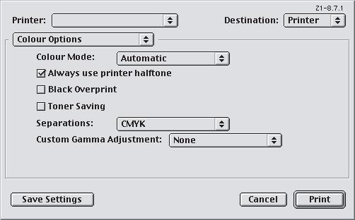 MAC OS9 1. Scegliere [Archivio] [Stampa]. 1 2 3 2. Dal menu della stampante (1), selezionare il modello della stampante. 3. Selezionare [Opzioni Colori] (2).