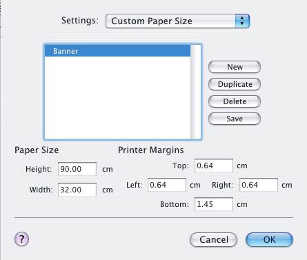 MAC OS X 1. Dal programma applicativo, scegliere [Archivio] [Imposta pagina]. 1 2 3 4 2. Selezionare [Dimensioni pagina personalizzate] (1). 3. Fare clic sul pulsante [Nuovo] (2) per definire un nuovo formato carta e immettere il relativo nome.