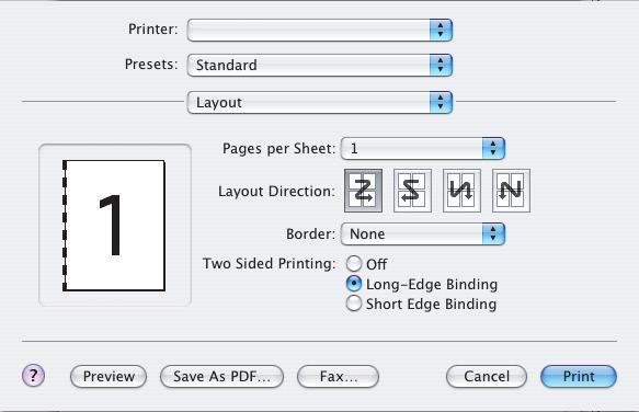 MAC OS X 1. Dal programma applicativo, scegliere [Archivio] [Stampa]. 1 2 3 2. Dal menu [Stampante] (1), selezionare il modello della stampante. 3. Selezionare [Layout] (2). 4.