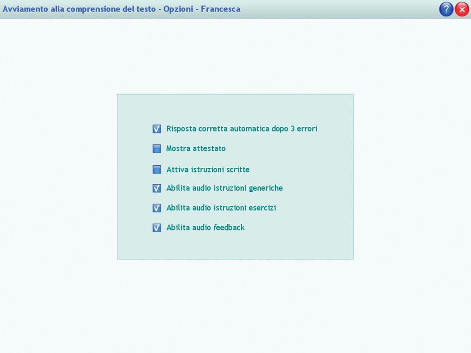 Abilita audio istruzioni esercizi: attivo di default, al clic viene disattivato l audio delle istruzioni che vengono date negli esercizi.