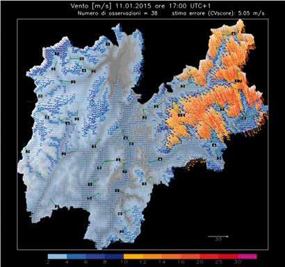 Fig. 16 - Mappa del vento sul Trentino dell'11 gennaio 215.