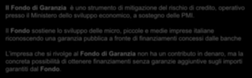 Il Fondo di garanzia per le PMI Il Fondo di Garanzia è uno strumento di mitigazione del rischio di credito, operativo presso il Ministero dello sviluppo economico, a sostegno delle PMI.