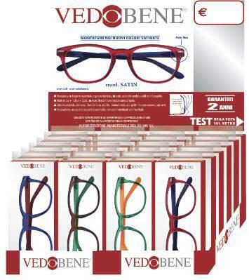 astuccio in ecopelle e la cordicella nei colori coordinati con gli occhiali. Kit PRONTOLEGGO by VEDOBENE SATIN: n 24 occhiali in 4 colori, diottrie assortite da +1,00 a 3,50.