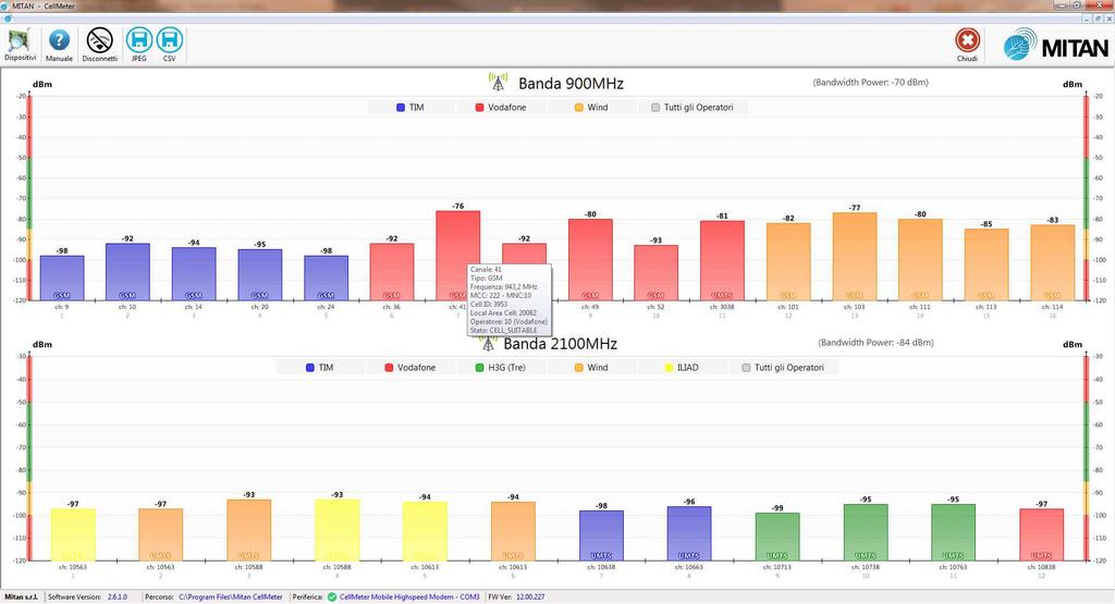 Le misure possono essere salvate sia in formato csv sia come copia grafica della videata per documentare il lavoro eseguito. Compatibile con tutti gli operatori, non utilizza SIM.