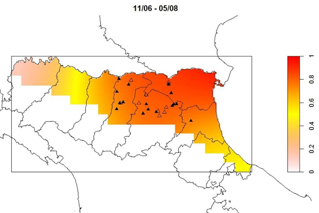 La percentuale di trappole positive indica la probabilità di circolazione virale nel territorio e dall immagine seguente si vede come l area centrale di pianura sia quella maggiormente interessata da