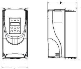 Dimensioni e distanze in aria Dimensioni max (mm) Spazi liberi (mm) Modello L P H Sopra e sotto Laterali Fronte 040-055-075 145 165 260 150 25 50 110-150-185-220 165 189 323 150 25 50 Installazione e