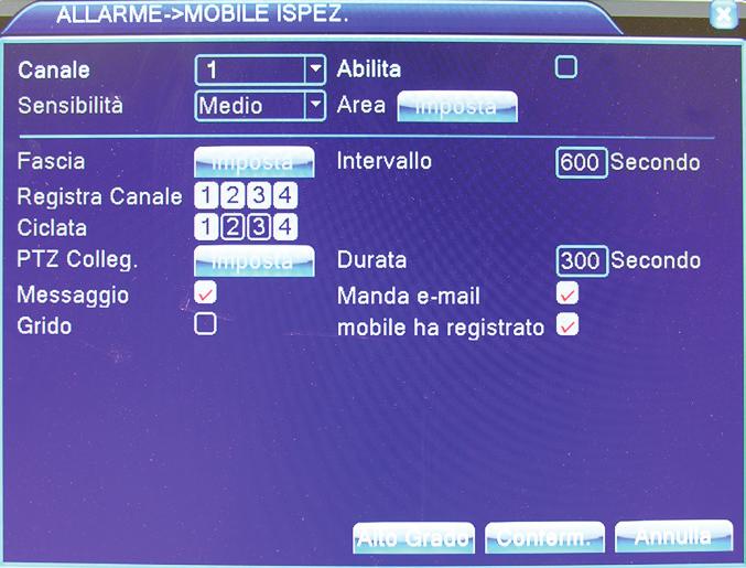D - CONFIGURAZIONE 6.. - Mobile ispez. All interno di questo sottomenu è possibile impostare le modalità di segnalazione in caso di rilievo di movimento da parte di ciascuna videocamera.