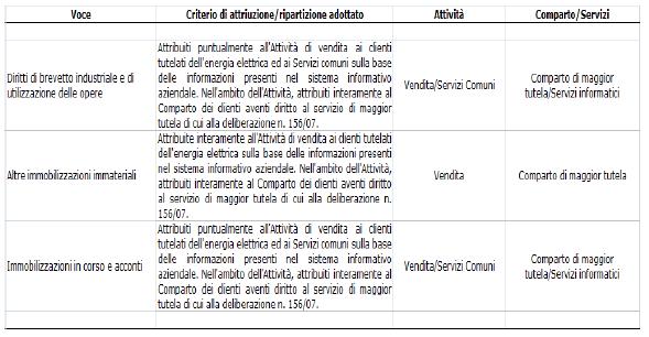 Immobilizzazioni immateriali Le immobilizzazioni immateriali sono state attribuite prevalentemente all Attività di vendita ai clienti tutelati dell energia elettrica ed in via residuale ai Servizi