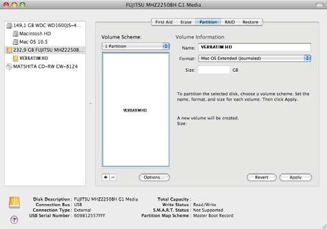 Partizionamento dei dischi rigidi Verbatim con Mac OS X 1. Aprire "Utility Disco". Si trova in "Applicazioni" > "Utility". 2. Fare clic sulla scheda "Partizione".