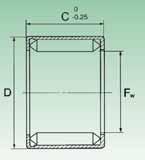 Astucci a rullini a pieno riempimento (serie HN) Drawn cup needle roller bearings full complement (HN series) Sigla Designation Peso (g) Weight (g) Dimensioni (mm) Dimensions (mm) F w D C r min.