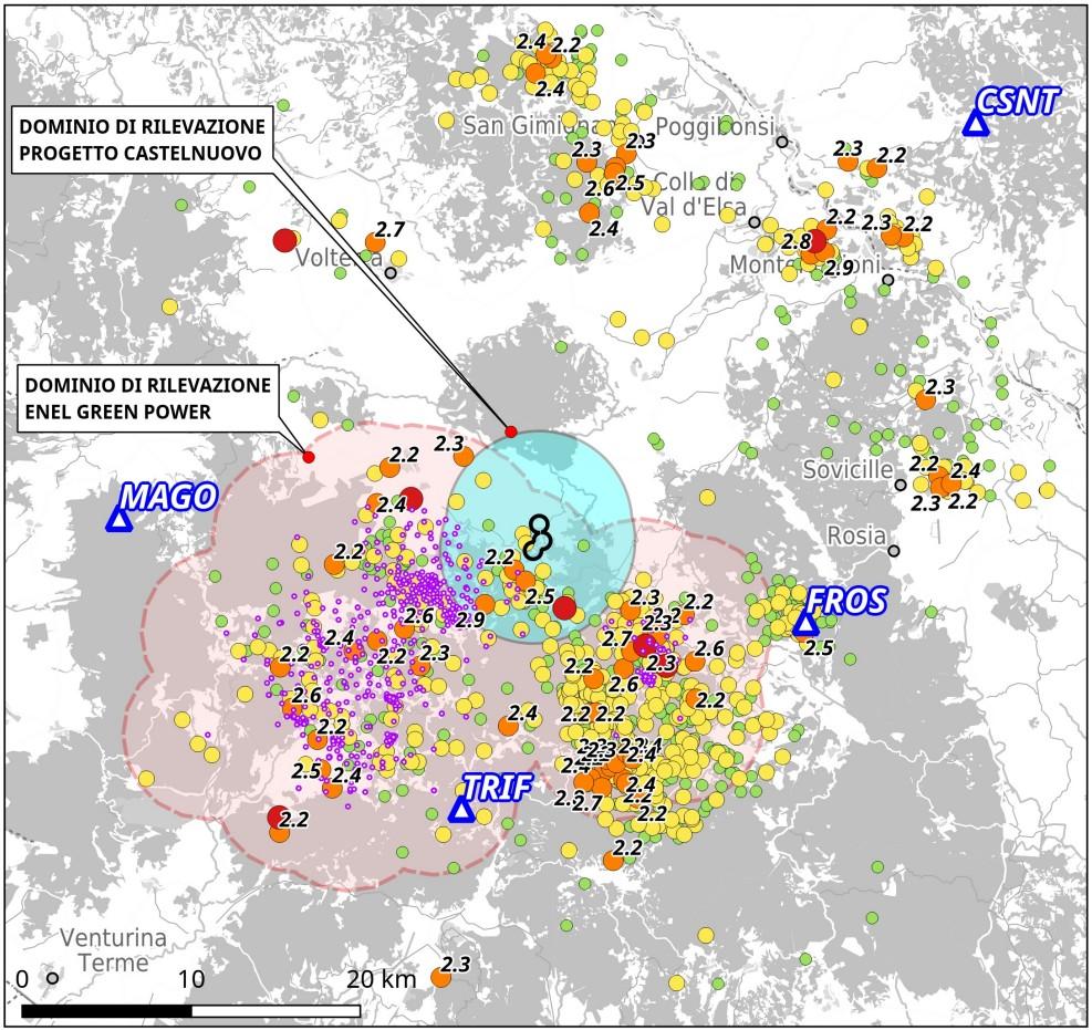 Fig. 24. Mappa dei terremoti 2012-2017 (CNT) entro r=30 km dal progetto, il cui dominio di rilevazione è in celeste (in nero il raggio di influenza dei pozzi).