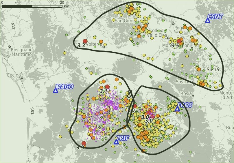 Fig. 25. Grafico del N.eventi/12 anni per classe di Magnitudo (verde, scala lineare) e del N.