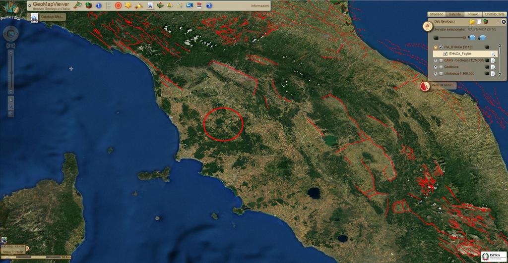 Fig. 2. Mappa delle faglie capaci e localizzazione della zona in esame (da ITHACA). 1.