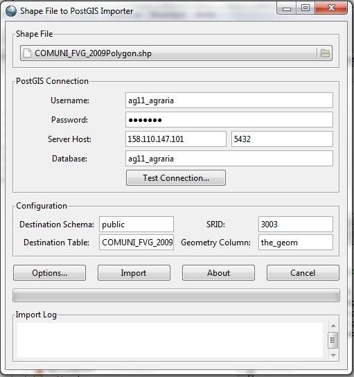 Figura 4: Interfaccia per l importazione di file shape, p e r c e n t u a l e NUMERIC( 3 ), o r d i n e NUMERIC( 1 ), PRIMARY KEY ( p r o v i n c i a, comune, s e z i o n e, f o g l i o, p a r t i c