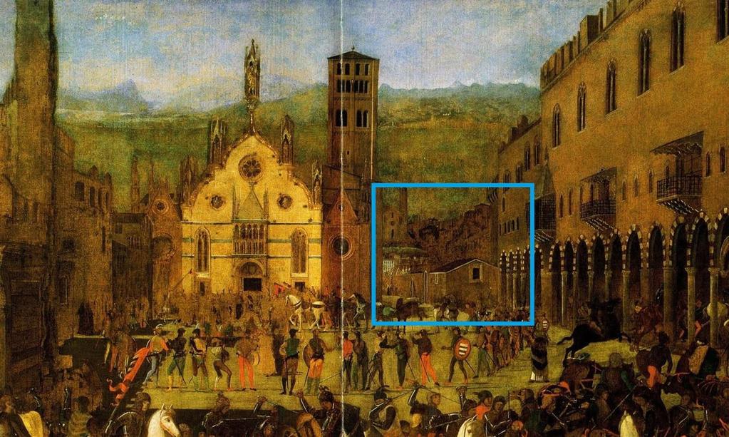 dipinto di Domenico Morone La cacciata dei Bonacolsi, sul cui sfondo, tra la cattedrale e la Magna Domus, si intravede una costruzione a loggiati da lui identificata come la Zoiosa 29.