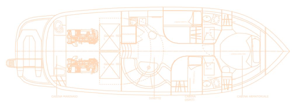 Velocità massima alla prova nodi 31 Velocità di crociera alla prova nodi 22-27 Cabine n 3 Posti letto in tre cabine n 6 + 2 in dinette Cabine bagno con doccia n 2 Capacità serbatoio carburante l.