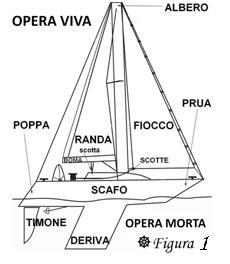 NOMENCLATURA Una barca a vela si compone di più parti: OPERA VIVA, è la parte dello scafo che si trova al di sotto della linea di galleggiamento, con un effetto fluidodinamico ( Figura 1); OPERA