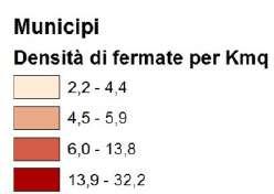La densità media di fermate per kmq è pari a 6,5, con valori massimi nei municipi V (32,2) e I (31,3), e valore minimo nel municipio IX (2,2). Tab.