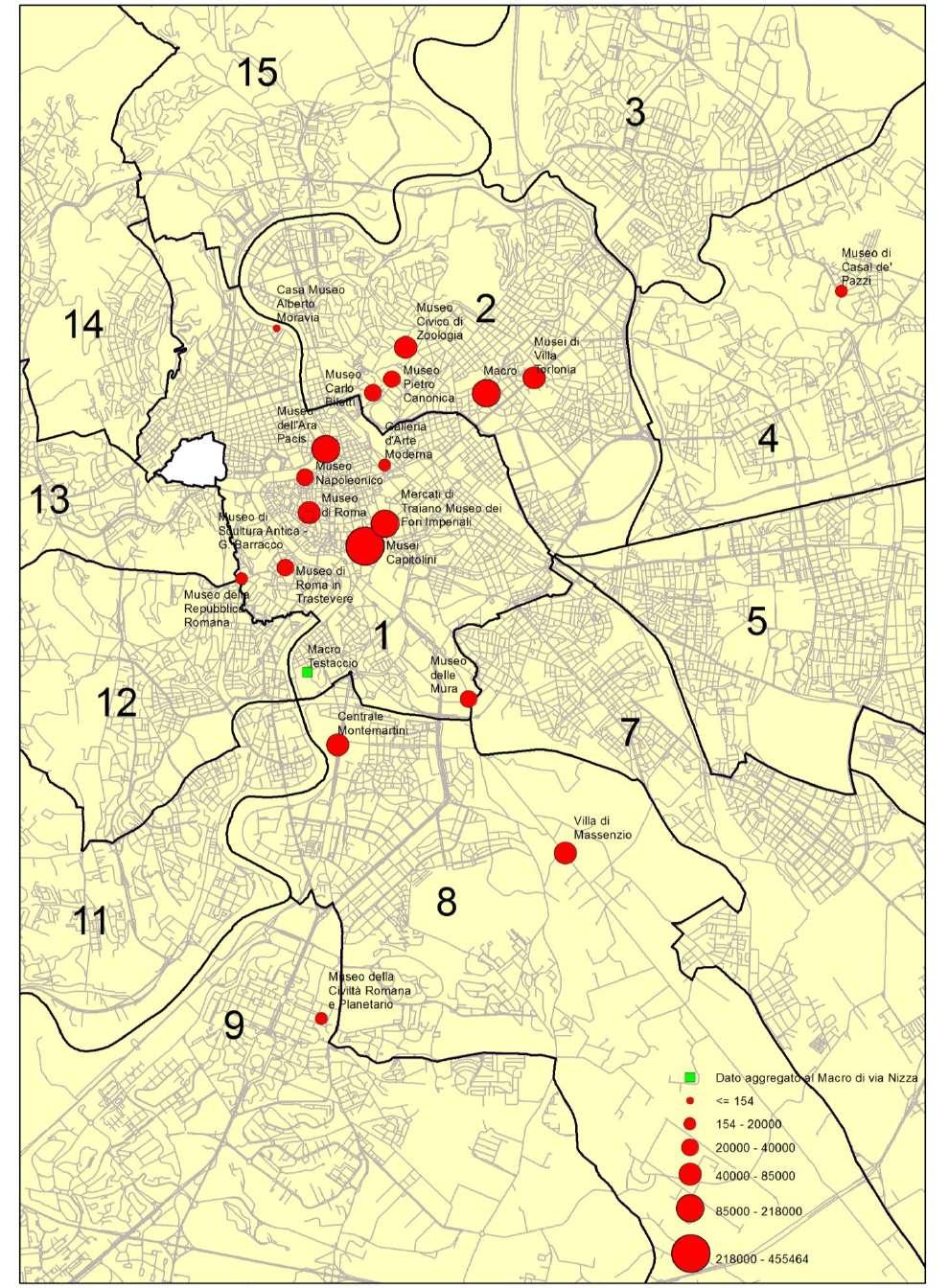 Fig. 1 - Localizzazione delle strutture del Sistema dei Musei Civici di Roma con classe di affluenza
