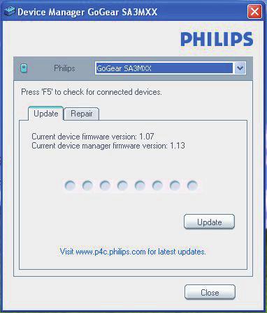 14 Aggiornamento del firmware tramite Philips Device Manager Quando il dispositivo è collegato, viene visualizzato "SA5AZUX" nella casella di testo.