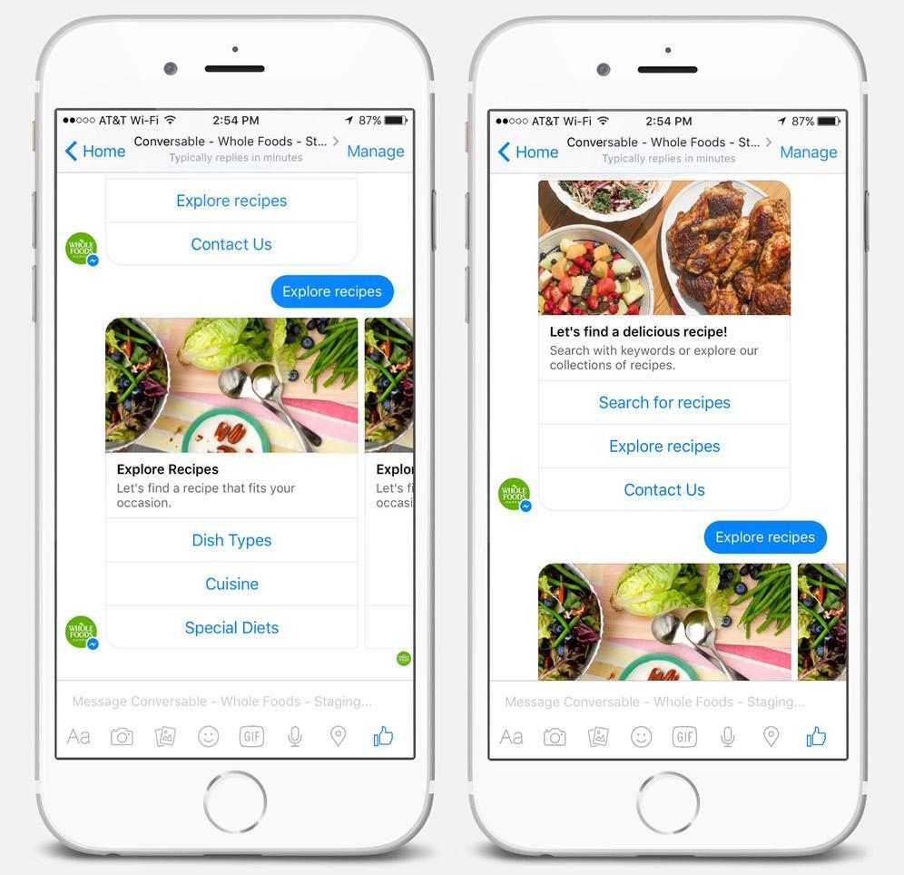 ALCUNI ESEMPI Whole Foods Market Il chatbot di Whole Foods consente agli utenti di effettuare ricerche nel proprio database di ricette.