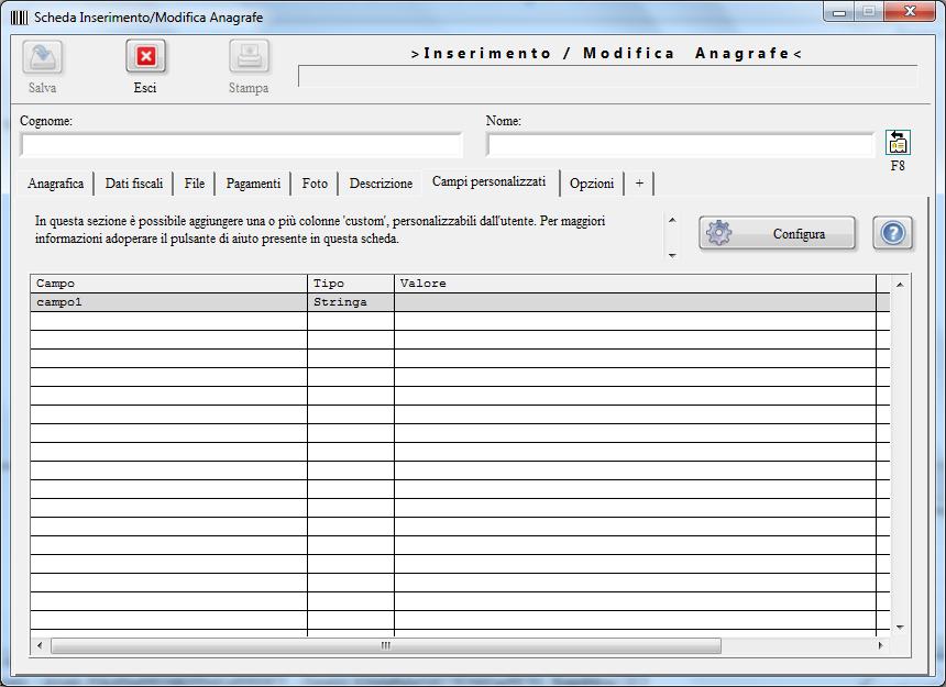 DEFINIZIONE DEI CAMPI PERSONALIZZATI (torna all'indice) Il software consente in alcune schede di definire dei campi addizionali personalizzati (ossia dei campi aggiuntivi che l utente può definire e