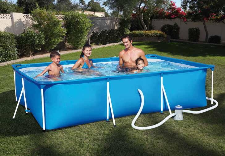 Alserio Piscina rettangolare telaio in metallo galvanizzato antiruggine, pareti PVC e poliestere resistente triplo strato. Valvole di rapido svuotamento.