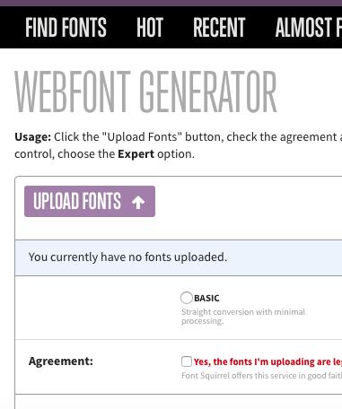 FONT SQUIRREL - metodo Step 1 - caricare Assicurarsi che il font rispetti i requisiti. Cliccare su webkit generator, spuntare la checkbox e cliccare generate, sucessivamente download.
