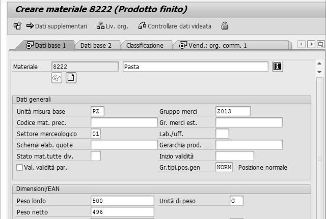 2 3 4 5 6 Nella scheda Dati base del prodotto finito inseriamo:. Una definizione del prodotto 2. L Unità di misura base (l unità di misura con cui viene gestito lo stock del materiale) 3.