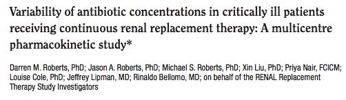 CCM 0212 Wide variability in trough concentrations: 6.7-fold for meropenem, 3.8-fold for piperacillin, 10.5-fold for tazobactam, 1.9-fold for vancomycin, and 3.9-fold for ciprofloxacin.