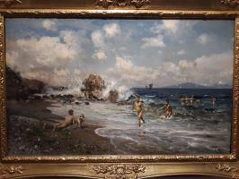 Olio su tavola, 30 18 cm (Monreale, 1844 Capri, 1913) Spiaggia