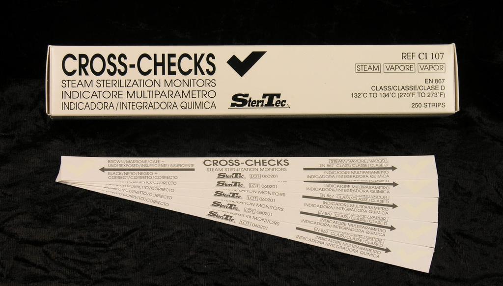 Codice Descrizione Prodotto Cross-Checks Indicatore chimico multiparametro/ integratore a viraggio colorimetrico per cicli di sterilizzazione con vapore. Non plastificato.