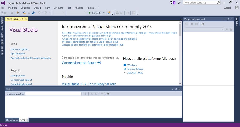 Visual Studio: creare un progetto per il C (2) Vista iniziale