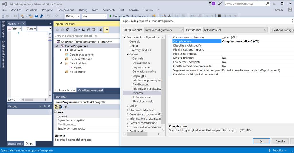 Visual Studio: configurare progetto per il C (1) 1) Tasto destro sul nome del progetto > Pagine delle proprietà del programma > Proprietà di