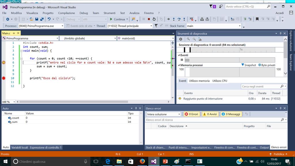 Visual Studio: Debugger (3) 2) Il compilatore ferma l esecuzione del programma quando trova