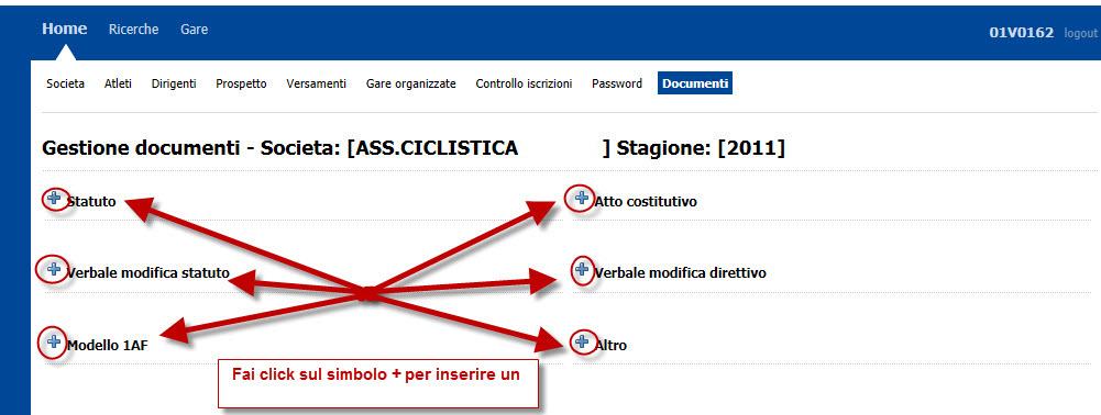 Tramite questa pagina potete allegare alla pagina della vostra società tutti i documenti necessari alla richiesta di prima affiliazione o di rinnovo affiliazione.