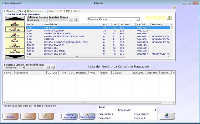 Carico Magazzino Carico Prodotti richiamabili da: Prodotti in archivio; Ordini Fornitori; Ordini Clienti; Fatture, ricevute e DDT; Offerte/Preventivi; File excel.