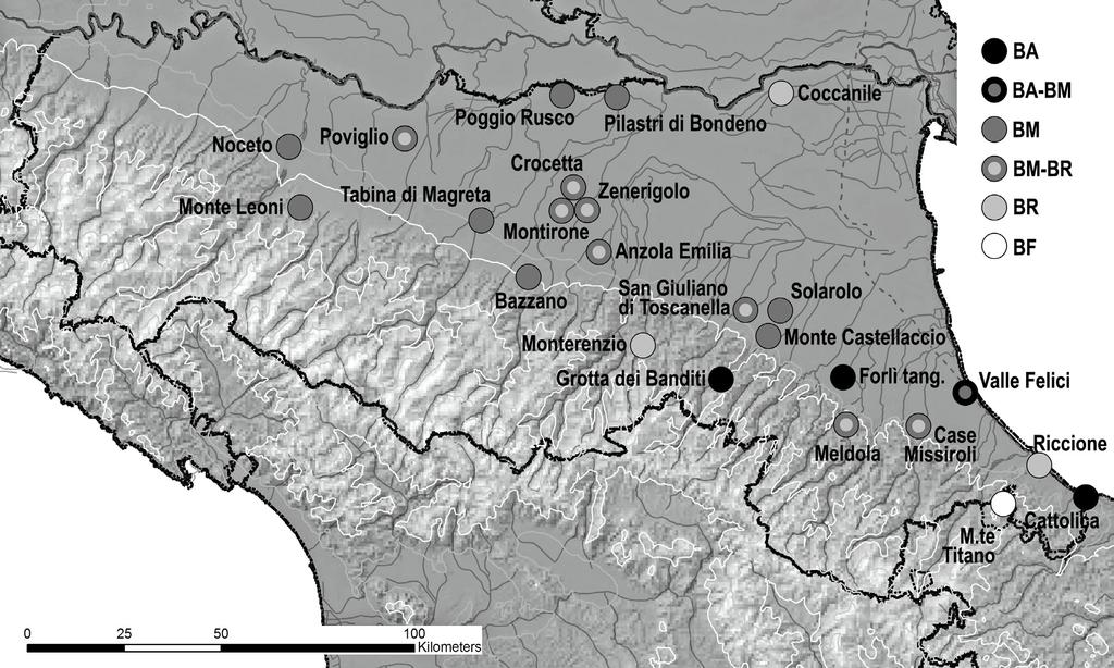 Lo sfruttamento delle risorse animali nella Romagna dell'età del Bronzo 85 Figura 1. Carta di distribuzione dei siti dell età del Bronzo presi in considerazione nell indagine archeozoologica.