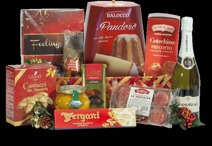 16693 Spumante Grand Reale Gancia 750 ml Pandoro classico Balocco 750 g astuccio Cantuccini di Toscana alla mandorla Ghiott 100 g Praline Feeling Ludwig 200 g astuccio Pesche sciroppate O sole e