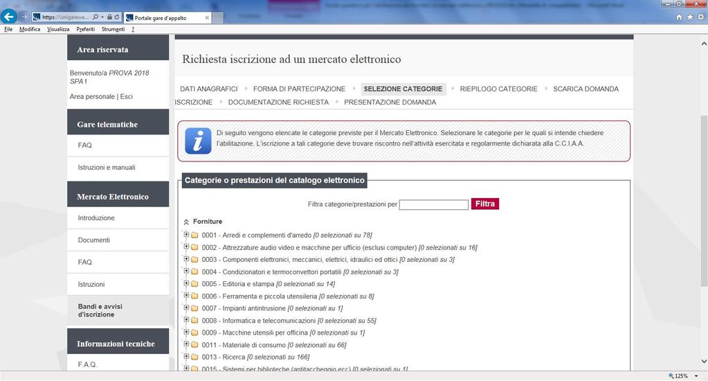 In Selezione categorie è possibile visualizzare tutte le categorie merceologiche del Mercato Elettronico