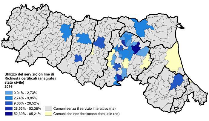 Richiesta certificati anagrafici La rappresentazione cartografica del livello di utilizzo del servizio evidenzia che sono solo 3 i Comuni che si attestano su valori superiori al 30% di richieste on