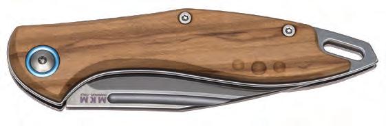 Available in four versions with different handle materials: titanium; black anodized aluminum; stainless steel liner with olive wood scales; and stainless