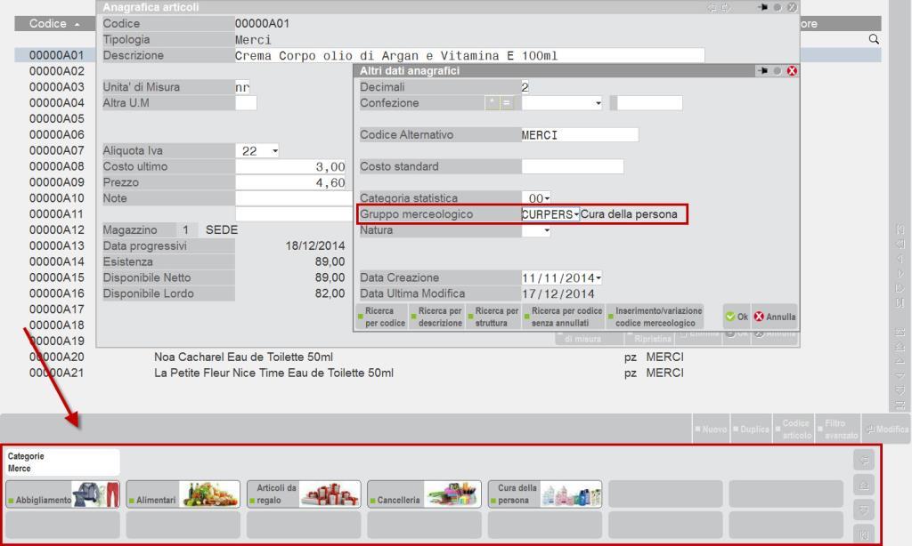 Posizionandosi sul campo Gruppo merceologico è possibile associare uno specifico gruppo merceologico all articolo.