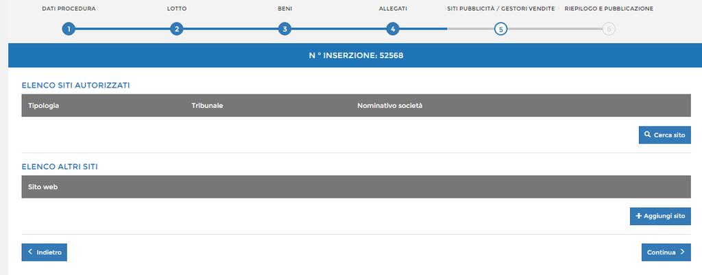 Nello step «Siti pubblicità Gestori Vendite» è possibile inserire i riferimenti dei Siti