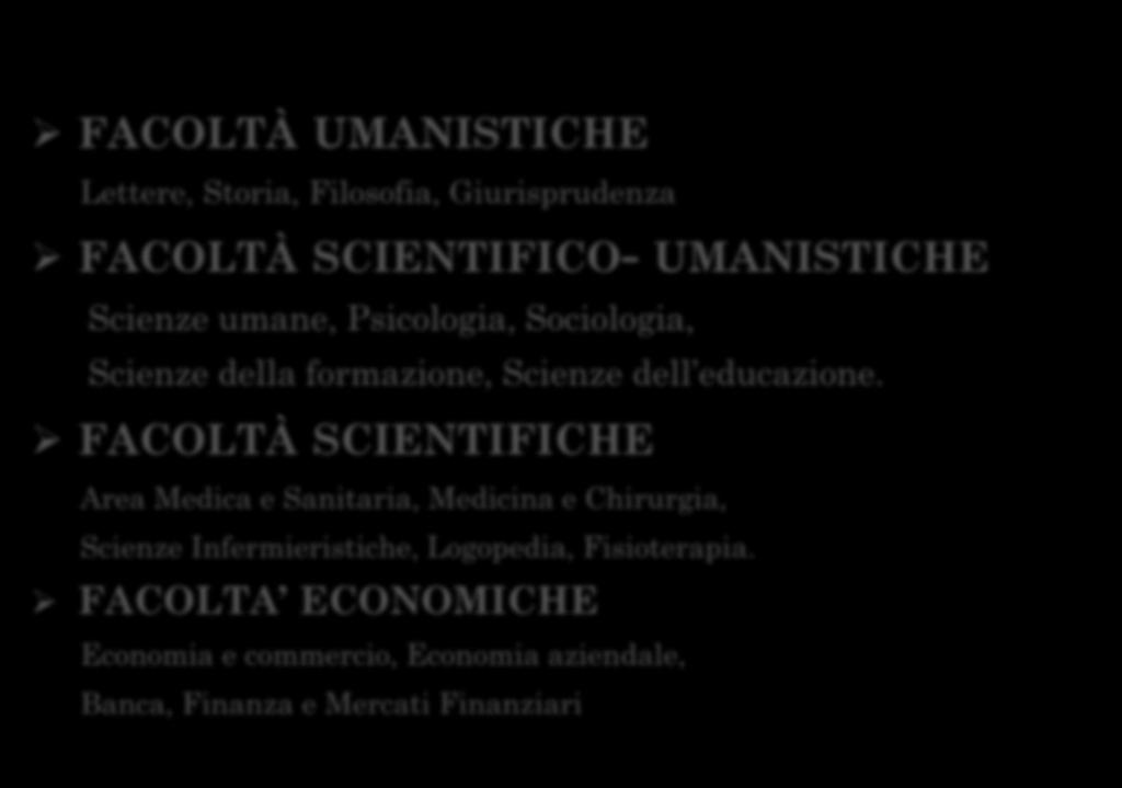 GLI SBOCCHI UNIVERSITARI FACOLTÀ UMANISTICHE Lettere, Storia, Filosofia, Giurisprudenza FACOLTÀ SCIENTIFICO- UMANISTICHE Scienze umane, Psicologia, Sociologia, Scienze della formazione, Scienze dell