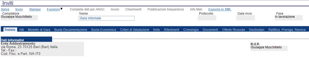 LINEE GUIDA PER GLI ENTI ADERENTI 7 Il Sistema mostrerà un documento composto da una serie di schede: Testata sezione per la definizione delle informazioni principali della gara; Atti sezione per