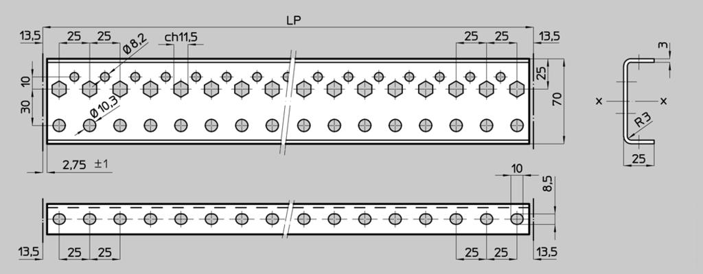 BORED FRAMES AND SUPPORTS FOR ROLLER CONVEYORS C32 PROFILATO FORATO Zincato a caldo 337014 Kg/m =